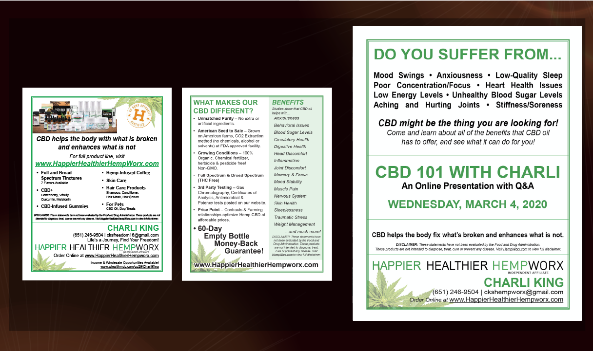 graphic design - Happier Healthier Hempworx - Charli King 1/4 page cards and flyers